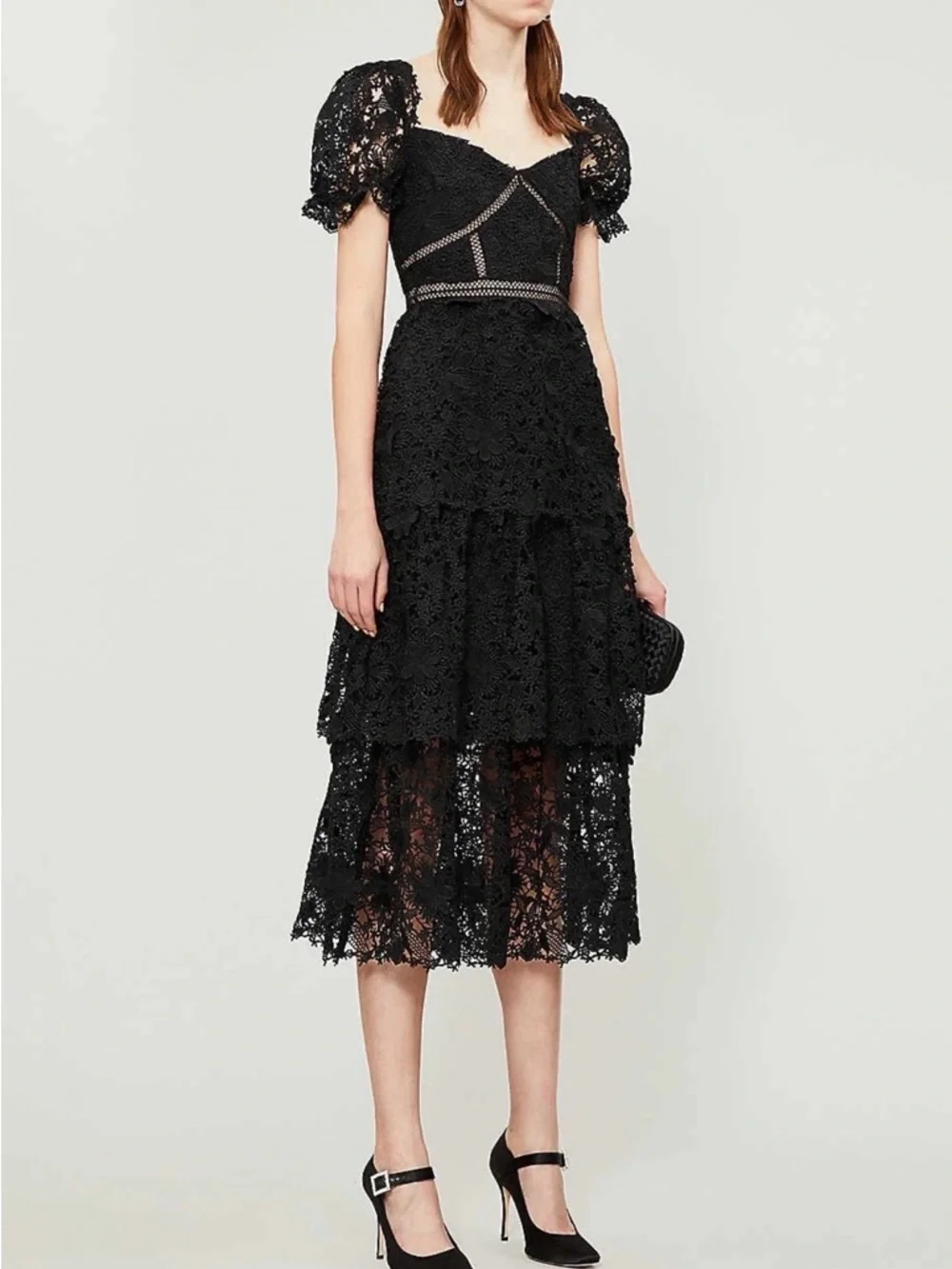 Self-Portrait Black Floral Lace Tiered Midi Dress - Picture 2 of 5